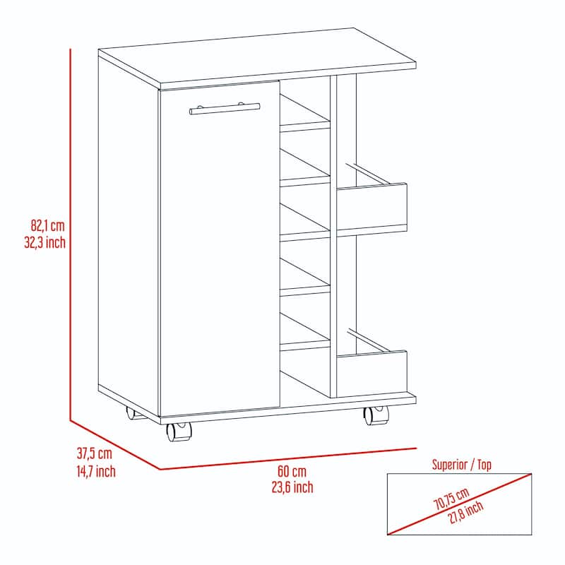 Bar Cart, Two External Shelves, Four Casters, Six Built-in Wine Rack, Single Door Cabinet -Dark Walnut