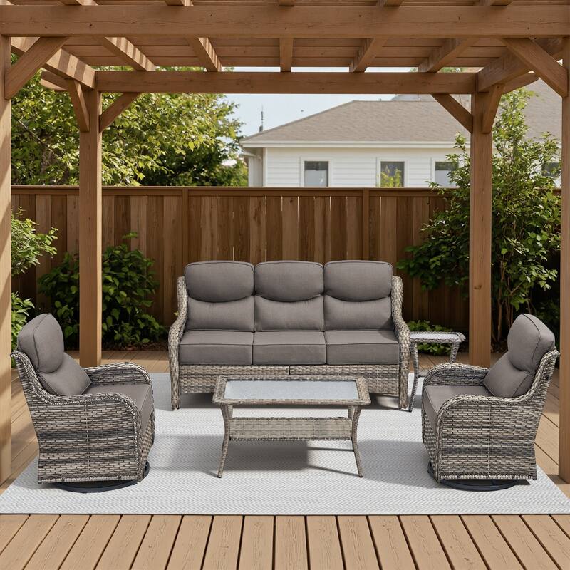 Meyreso 7-Piece Wicker Patio Conversation Set with Swivel Gliders and 6-Inch Thick Cushions - Gray/Gray - 5-Piece