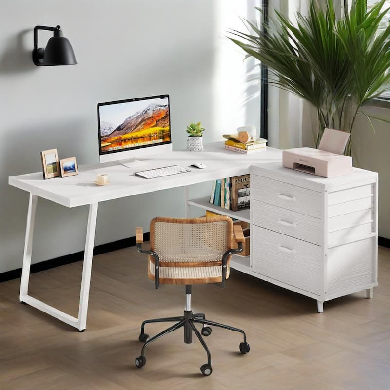 Reversible L Shaped Computer Desk with Drawers and Storage Shelves Modern White Finish Sturdy Home Office Workstation