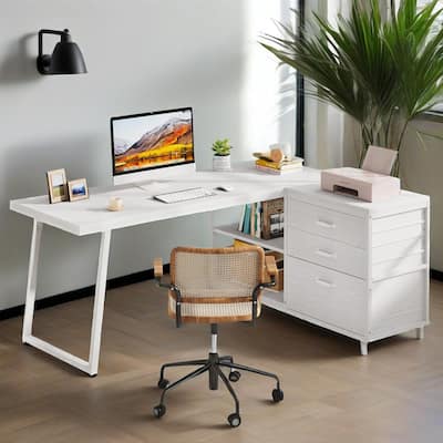 Reversible L Shaped Computer Desk with Drawers and Storage Shelves Modern White Finish Sturdy Home Office Workstation