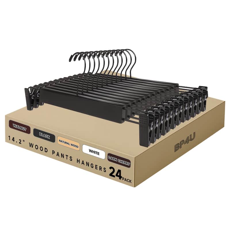 BP4U Premium Wooden Pants Hangers with Adjustable Clips, Solid Wood Skirt Hangers for Jeans, Slacks, Dresses - 24-Pack - Black