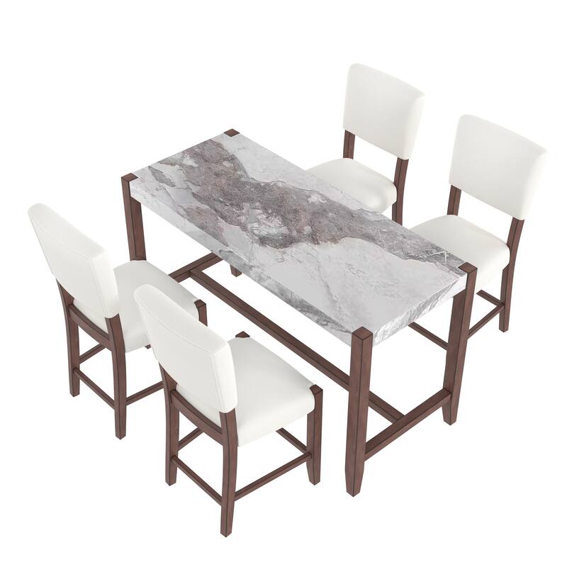 5-Piece Counter Height Dining Table Set Faux Marble Bar Table and 4 Armless Chair, Modern Dining Table Set for Pub Kitchen