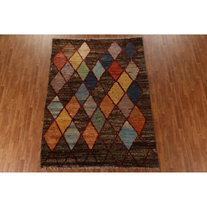 Hand Knotted Oriental 100% Wool Carpet Tribal Trellis Brown Moroccan Area Rug - 9' 4'' X 6' 11''