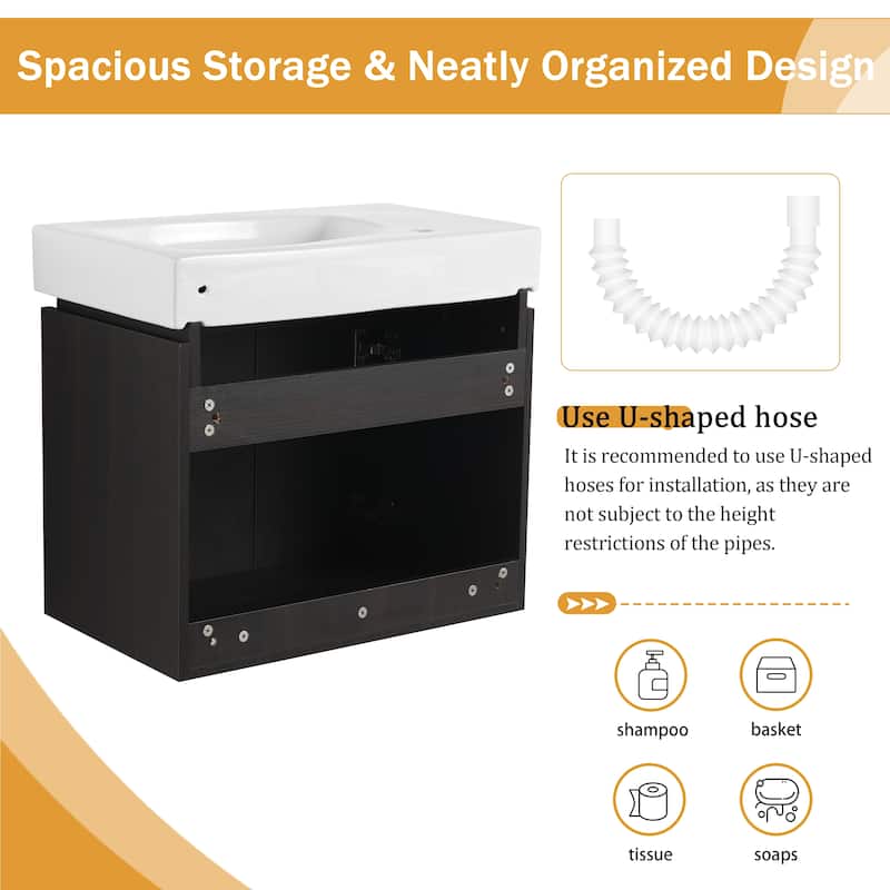 Malwee 24" Floating Bathroom Vanity,Wall Mounted Bathroom Vanity with Ceramic Sink and Soft Close Door - 23.6"×14.4"×21.3"