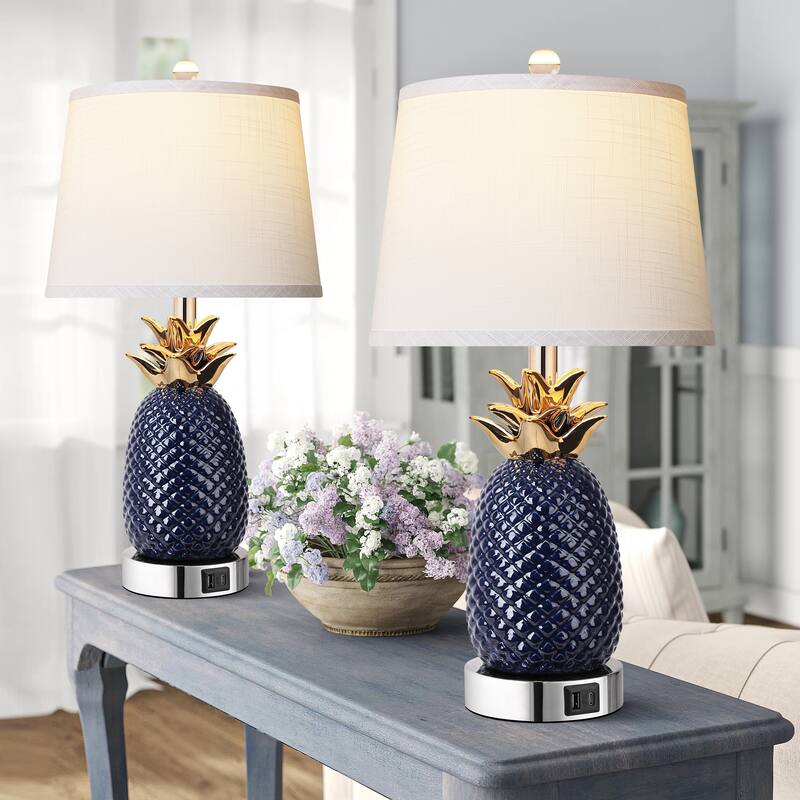 22" Pineapple Table Lamps Set of 2, 3 way Dimmable Ceramic Table Lamp, Modern Table Lamp with USB Port,Bulbs Included, 9W