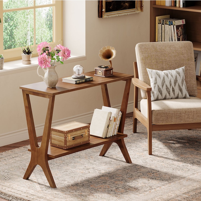 2-Tier Solid Wood End Table for Living Room with Sturdy Legs
