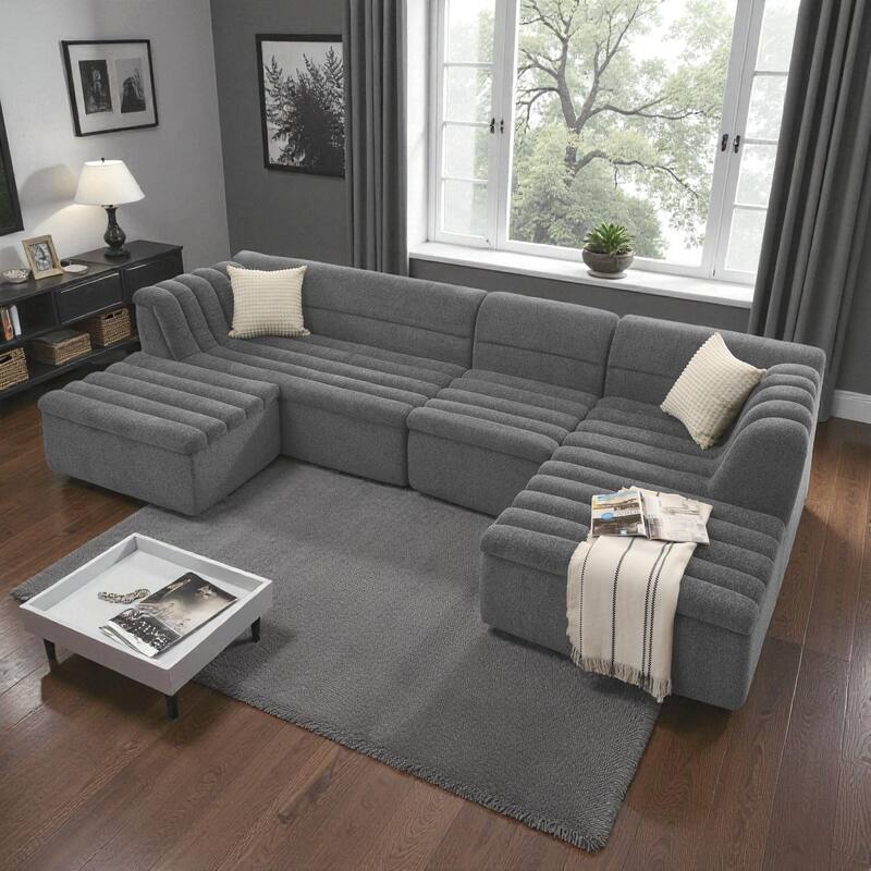 135" Chenille U-Shaped Modular Sectional Couch with Chaise, Movable Ottoman, Deep Seat Boneless Sofa for Living Room - Dark Grey