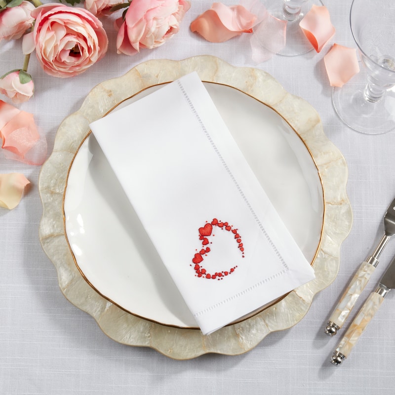 Embroidered Heart Wreath Cotton Napkins (Set of 6) - Scattered Heart Circle Motif with Hemstitch Border, 20"x20"