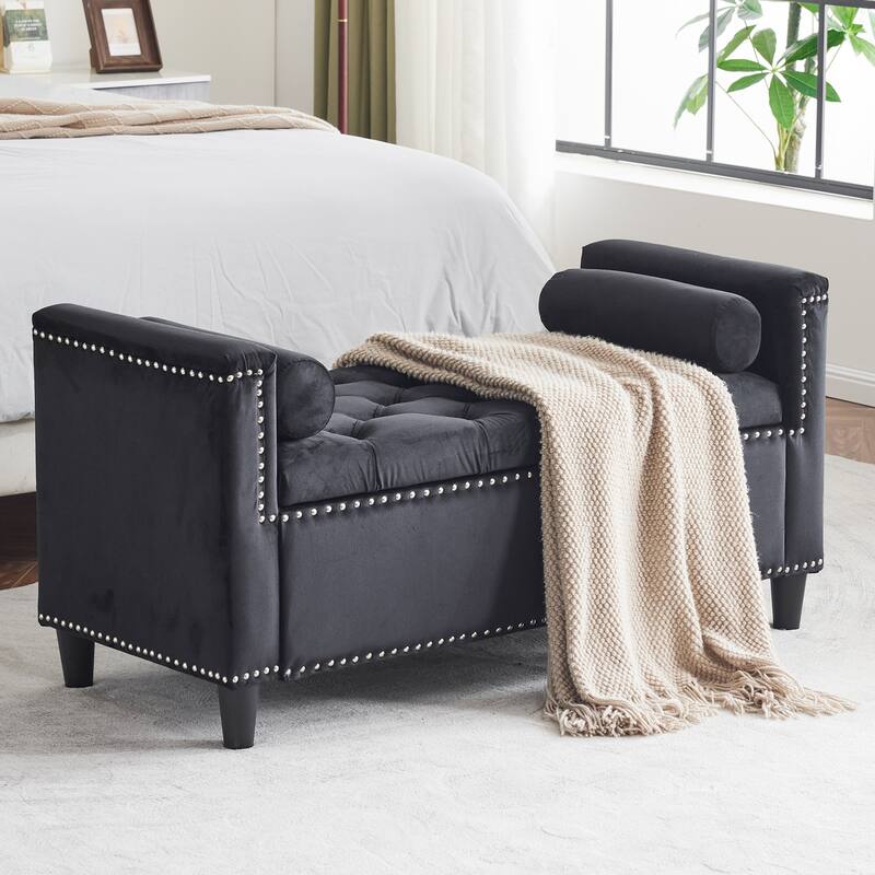 Storage Bench, 44.5-Inch Queen Velvet Button Bedside Bench, Entryway Living Room with Armrests, Nailhead Trim - Black