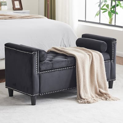 Versatile 44.5-Inch Velvet Button Bench with Nailhead Trim, Armrests - Black