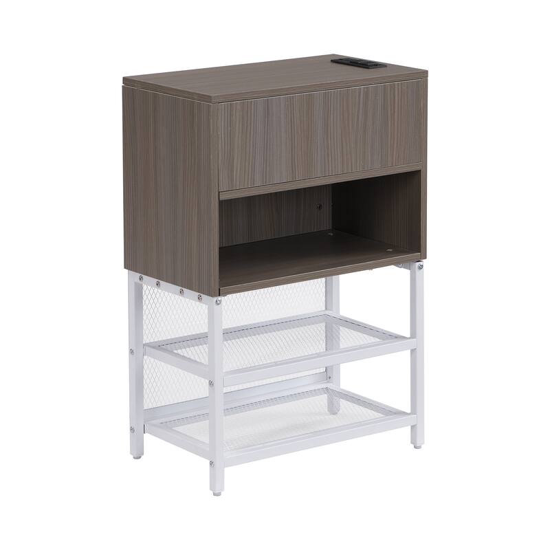 Full size Metal Platform Bed with Two-Tier Storage Shelves, Wooden Storage Cabinet