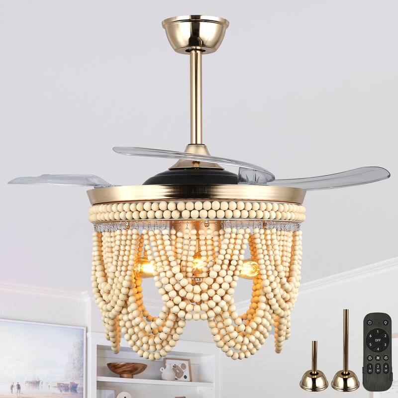 Cusp Barn 42" Retractable Ceiling Fan with Light, Farmhouse Wooden Bead Chandelier, Quiet DC Motor 6 Speeds Bohemian Ceiling Fan