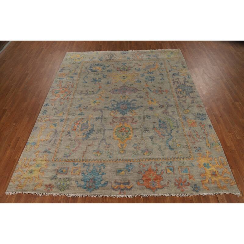 Floral Grey Oushak Indian Area Rug Hand-Knotted Wool Carpet - 7'11" x 9'10"