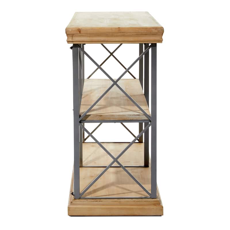 Wood 3 Shelf Shelving Unit with Gray Metal X-Frame - Brown - Roche River Decor