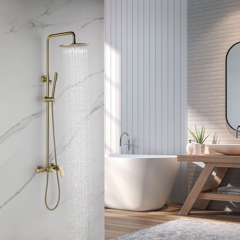 Modland Wall Mounted 3-Way Exposed Install Complete Rain Shower System with High Pressure Showerhead, Black/Gold