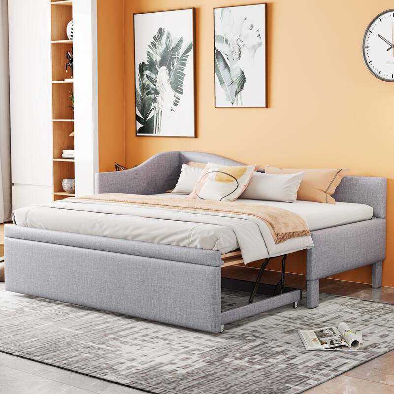 Twin Size Upholstered Daybed with Pop Up Trundle and L Shaped Backrest