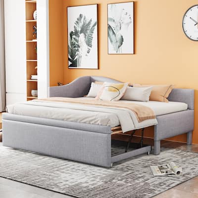 Twin Size Upholstered L-Shaped Upholstered Daybed with Pop Up Trundle, Gray