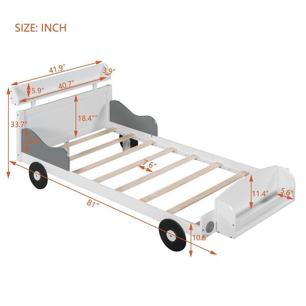 dimension image slide 3 of 4, Car-Shaped Platform Bed Pine Wood Platform Bed with Headboard and Footboard Storage Shelves for Girls, Boys Bedroom