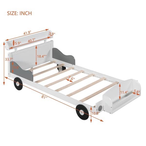 dimension image slide 2 of 4, Wood Car-Shaped Platform Bed w/ Headboard & Footboard Storage Shelves