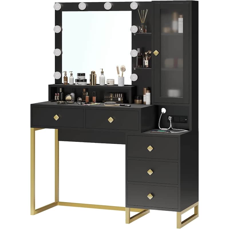 Makeup Vanity with Charging Station Mirror with Lights 5 Drawers