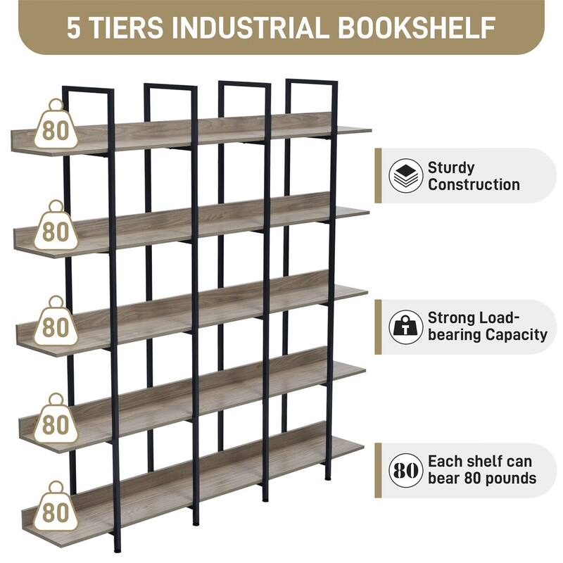 Merax Vintage Industrial 5 Tier Bookcase with Open Shelves