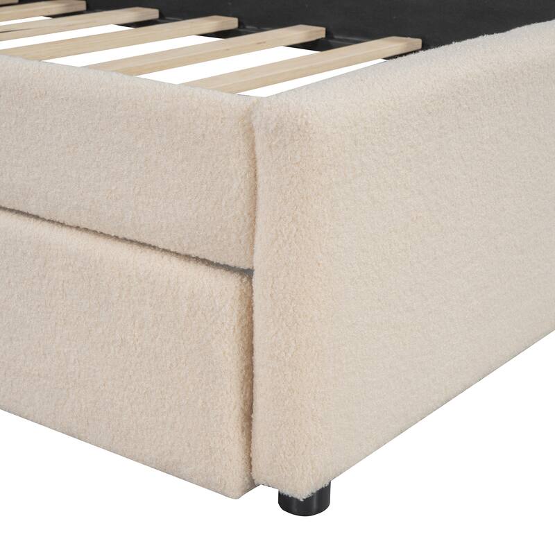 Cozy Twin Upholstered Platform Bed with LED Lights, Stripe Headboard, and Trundle for Extra Sleeping Space