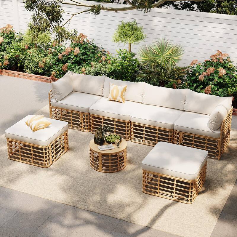 7 Pieces Outdoor Patio Furniture, with Thick Cushions & Pillows, All-Weather Rattan Sectional Sofa Set wRound Coffee Table