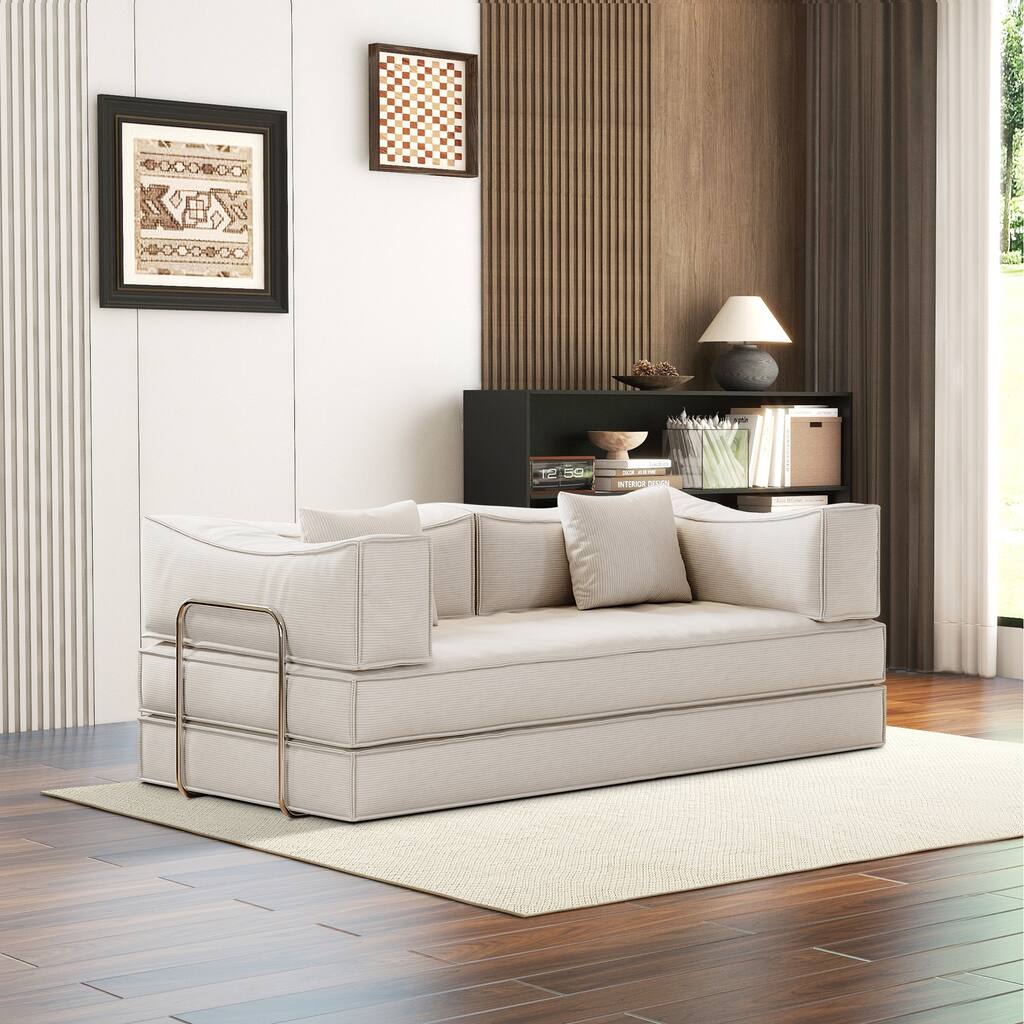 83" Upholstered Convertible Sofa Bed Corduroy Couch Foldable Futon With 2 Pillows
