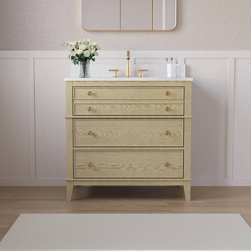 35''H Solid Wood Bathroom Vanity with Carrera White Quartz Top,Drawers And Single Sink