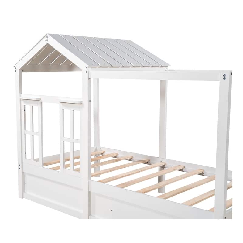 Merax House Bed with Roof, Window and Drawer
