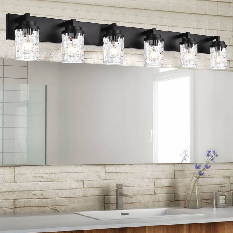 Modern Black 6-Light Vanity Light Industrial Fixture with Clear Grid Glass - Black