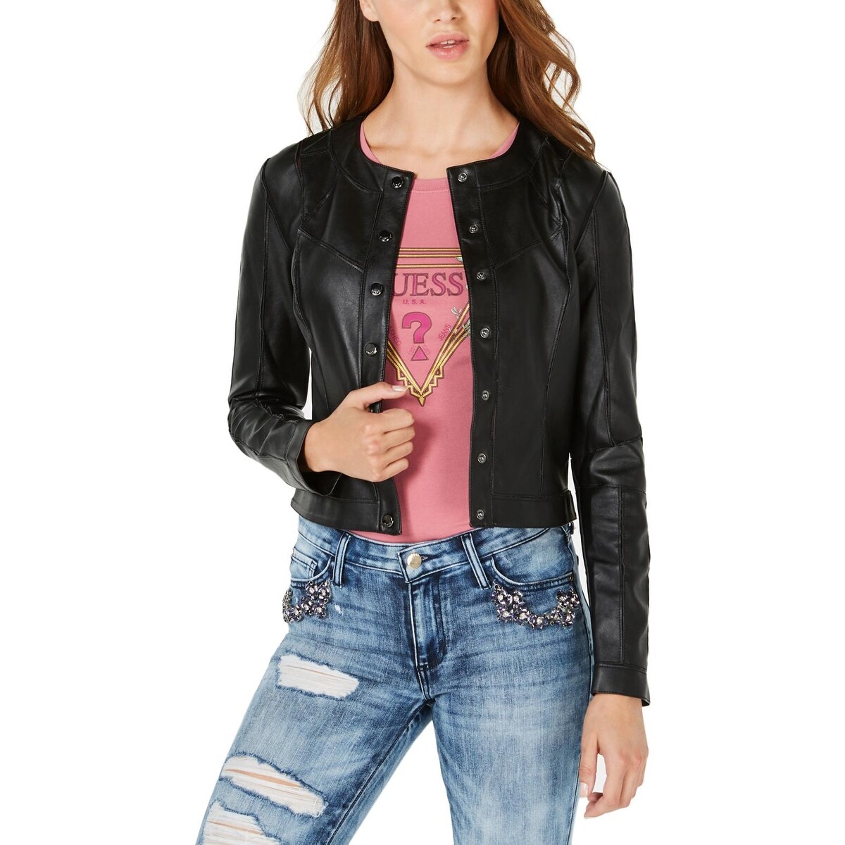 guess cropped leather jacket