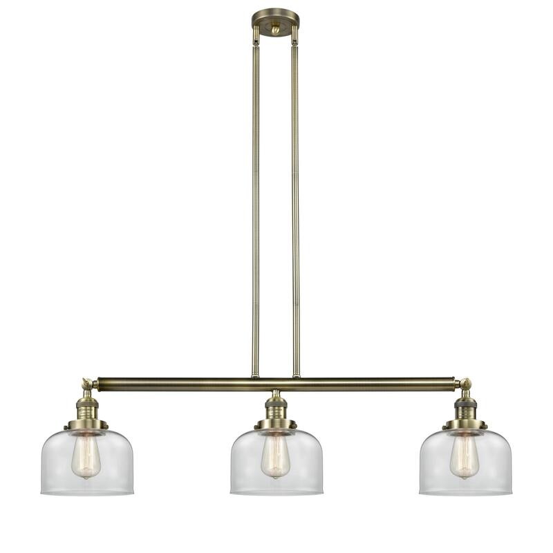 Innovations Lighting Large Bell 3 Light 41" Wide Linear Chandelier - Antique Brass / Clear