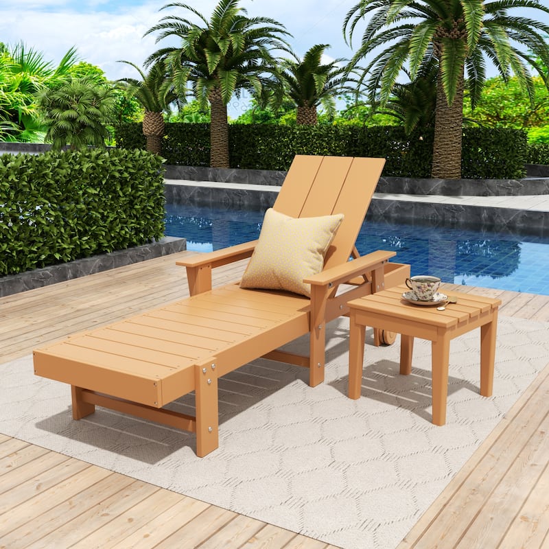 Polytrends Shoreside Modern Poly Eco-Friendly All Weather Reclining Chaise Lounge With Arms, Wheels, & Side Table (2-Piece Set) - Teak