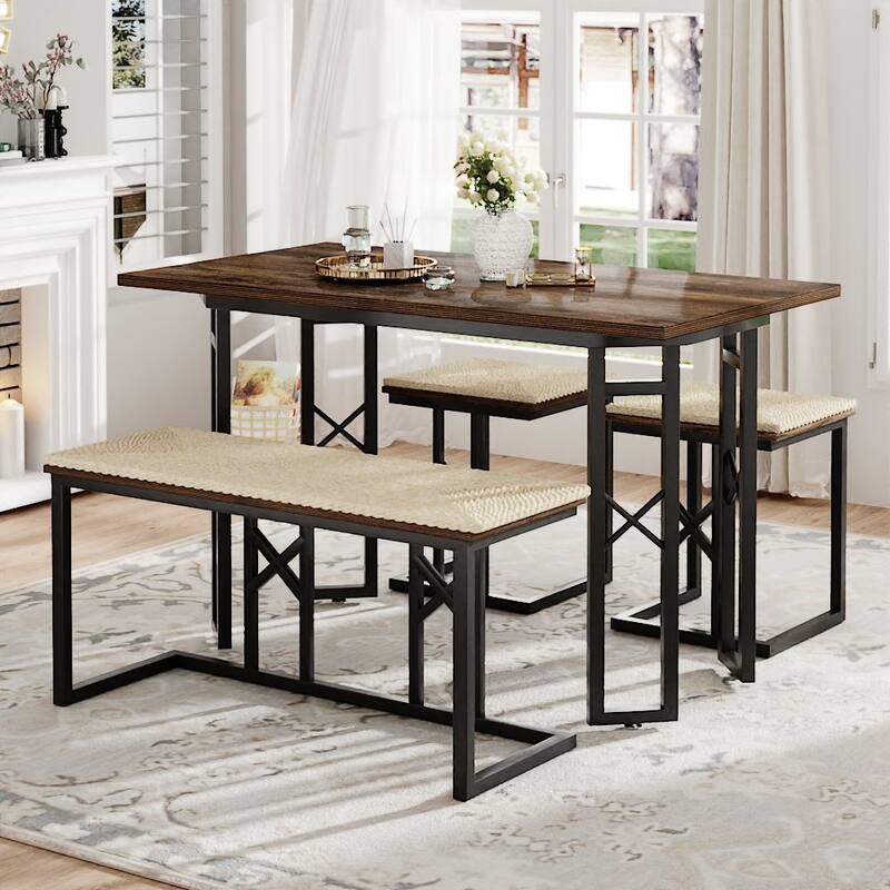 Javlergo 4-Piece Dining Table Set Space Saving Counter Height Dining Table Set with Bench & 2 Stools Removable Seat Cushions - Brown