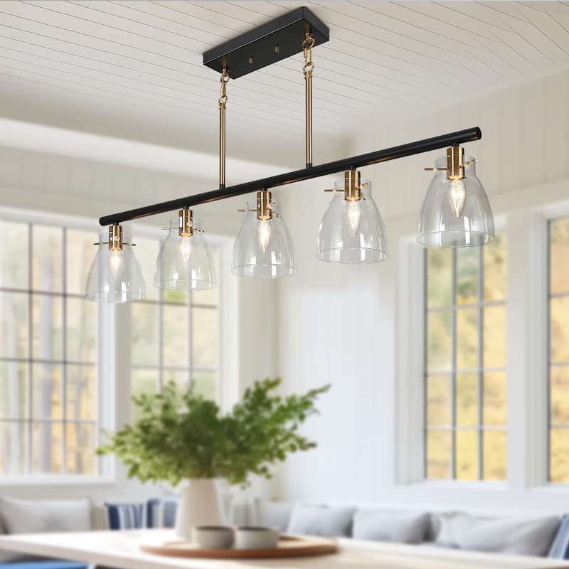 Modern Farmhouse 5-Light Black Gold Chandelier Linear Island Pendant Light for Dining Room - 38"L x 5"W x 7.5"H