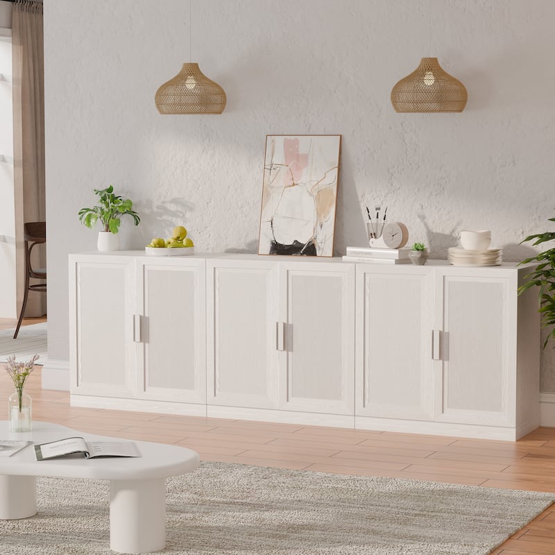 3-Set Rattan Door Sideboard Buffet Storage Cabinets with Adjustable Shelves - 93"Lx31"H - White