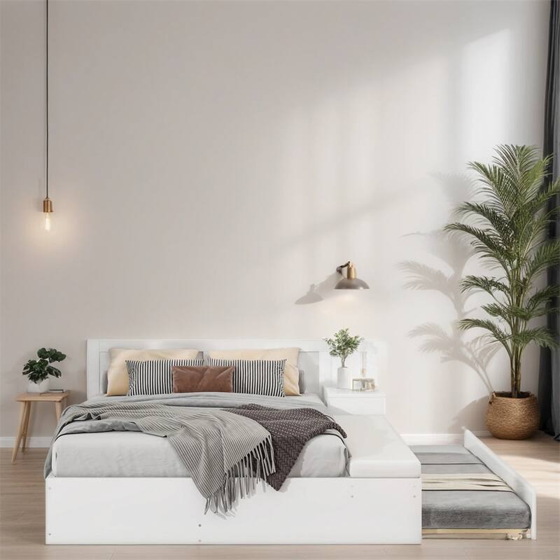 Full Size Wood Storage Hydraulic Platform Bed with Trundle - White