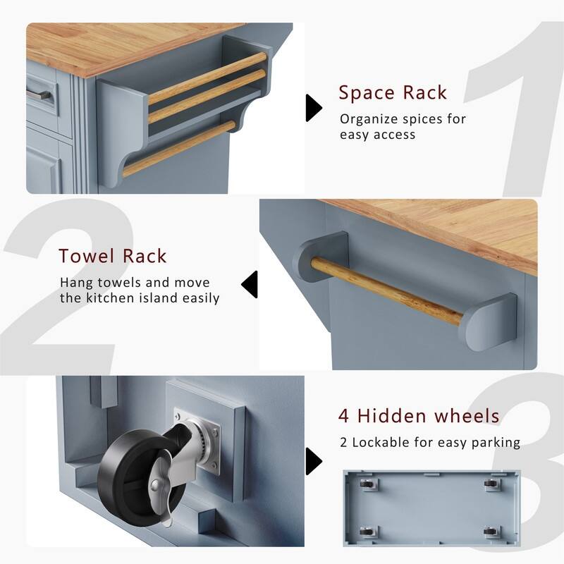 Kitchen Island with Drop Leaf and Towel Rack, mbossed Texture Rolling Kitchen Cart on 4 Wheels with 4 Doors and 3 Drawers