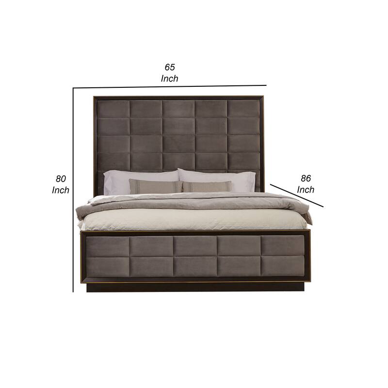 Oslo Queen Bed, Vaulted Headboard, Rectangular Tufting on Gray Upholstery