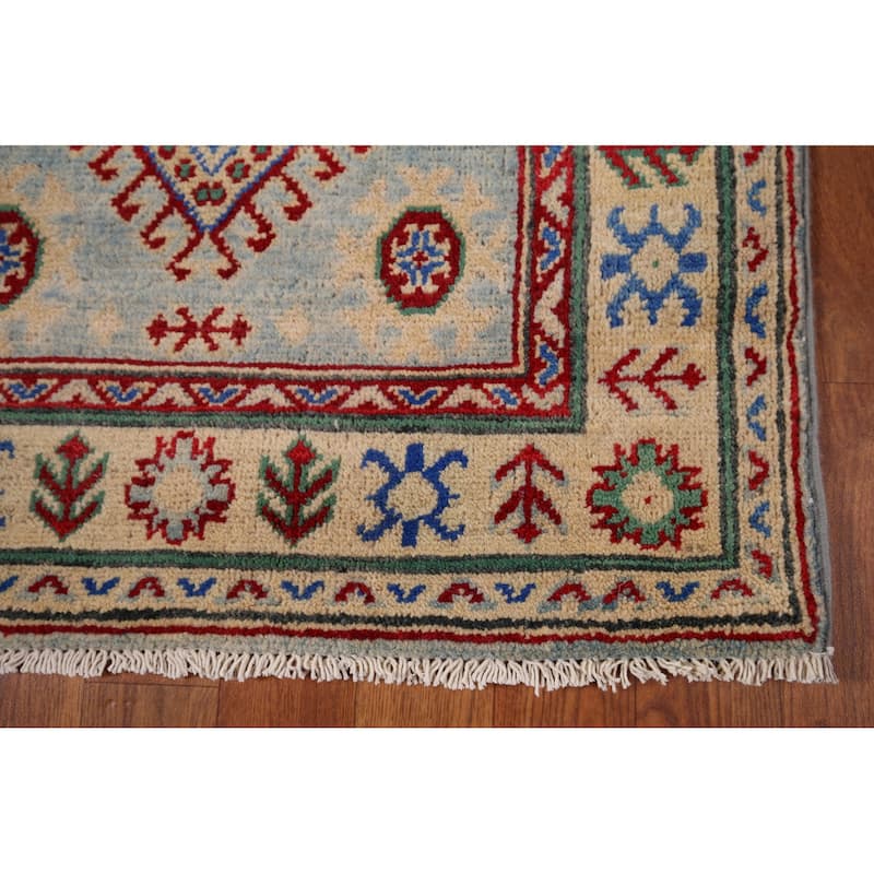 Geometric Kazak Oriental Runner Rug Hand-Knotted Grey Wool Carpet - 2'7" x 16'0"