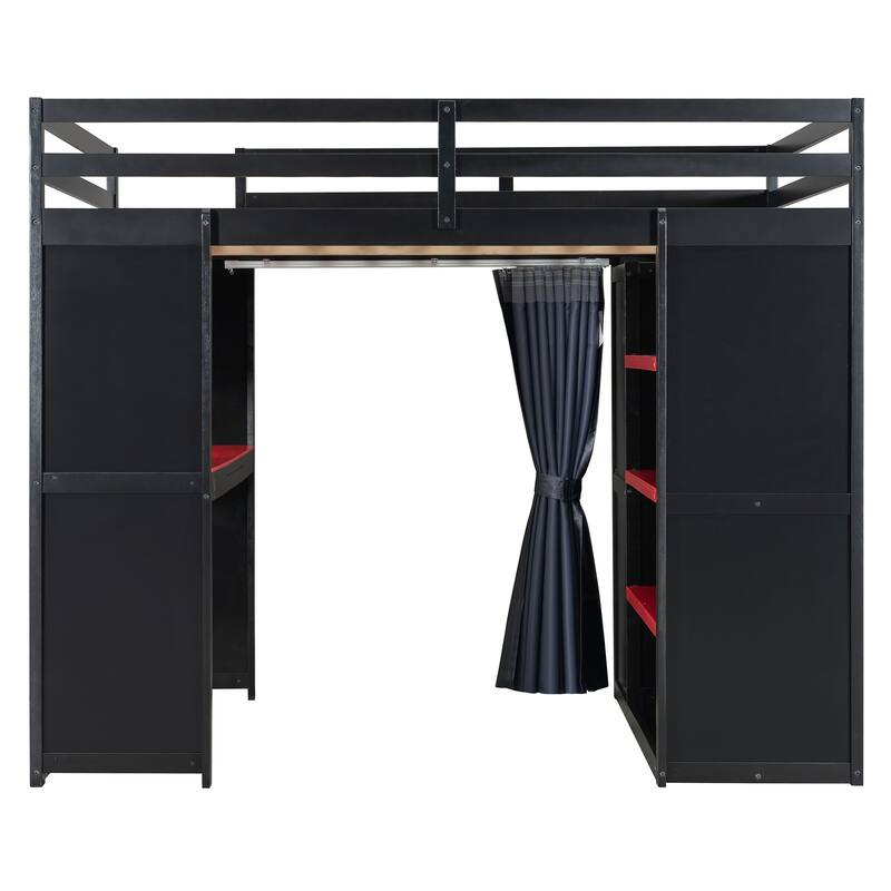 All-in-One Loft Bed Full Size Bedframe with Wardrobe, Shelves, Blackout Curtains, Pegboard, Charging Station and RGB Light Strip