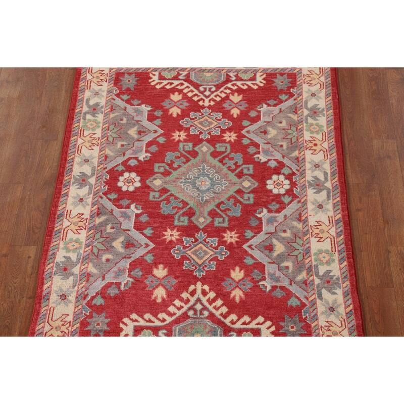 Red Kazak Accent Rug Handmade Geometric Wool Carpet - 3'4"x 4'8"