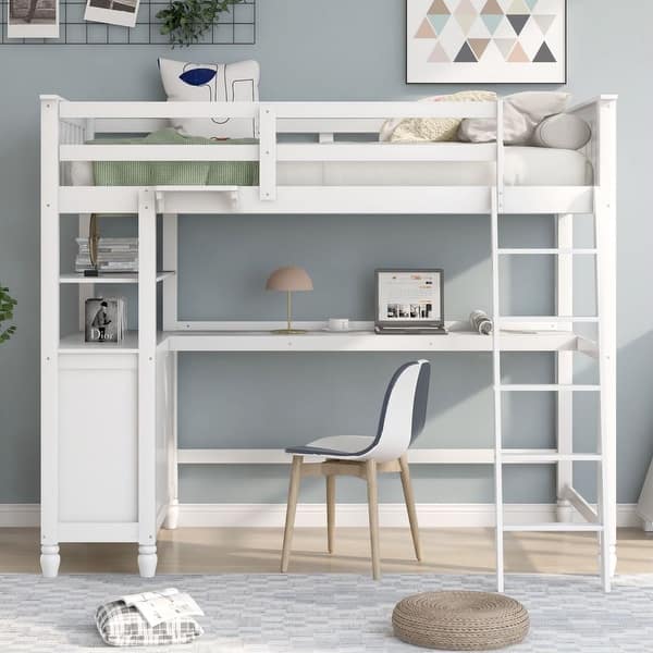 slide 2 of 10, White Twin size Loft Bed with Drawers and Desk Twin - White