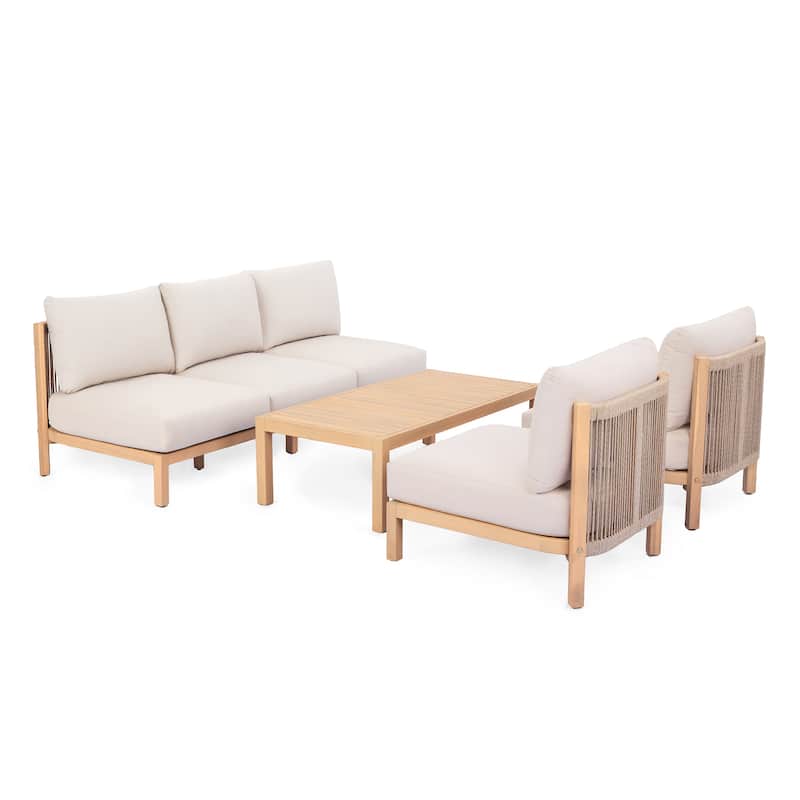 Christopher Knight Home - Outdoor 4-Piece Wood & Rope Woven Patio Conversation Set with Cushions and Coffee Table