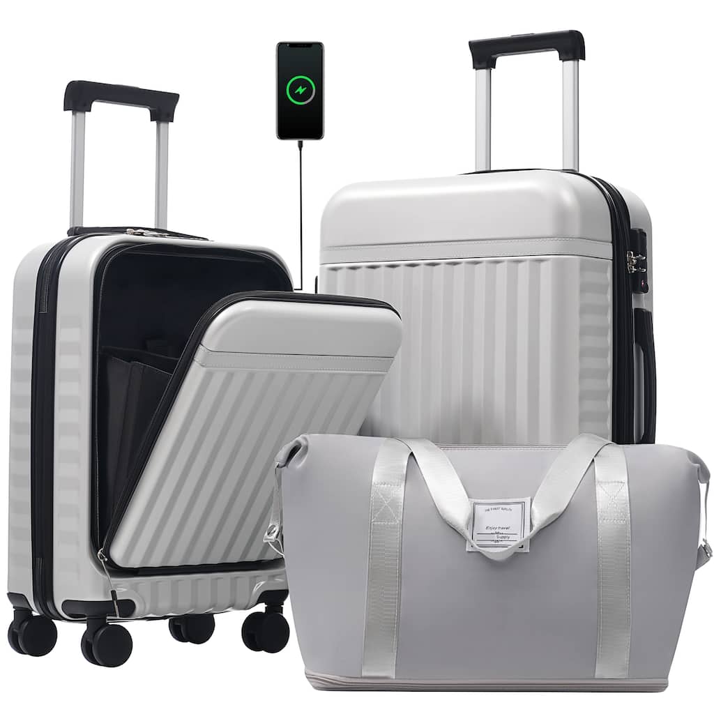 3-Piece Modern Front-Opening Luggage Expandable Luggage with USB Port and TSA Lock, for Boarding Travel, Grey+White