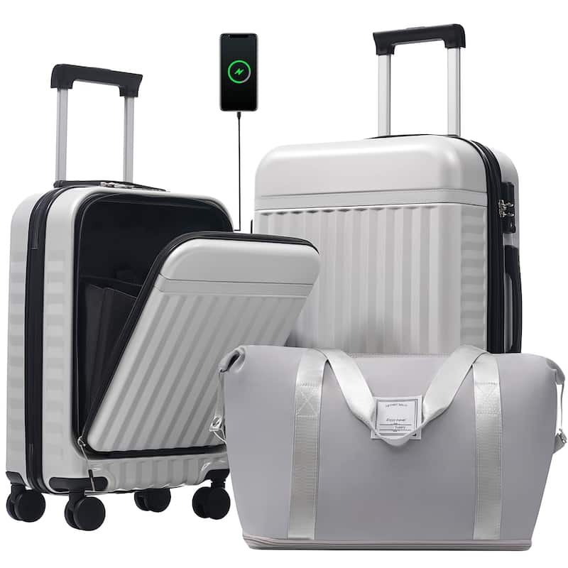 3-Piece Modern Front-Opening Luggage Expandable Luggage with USB Port and TSA Lock, for Boarding Travel, Grey+White - Grey