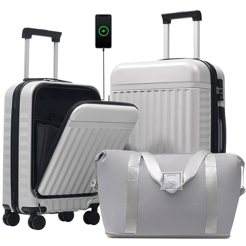 Front Opening Luggage Set 3 Piece,USB Port, Expandable Luggage with Handle Bag Spinner Wheels TSA Lock - Grey+White