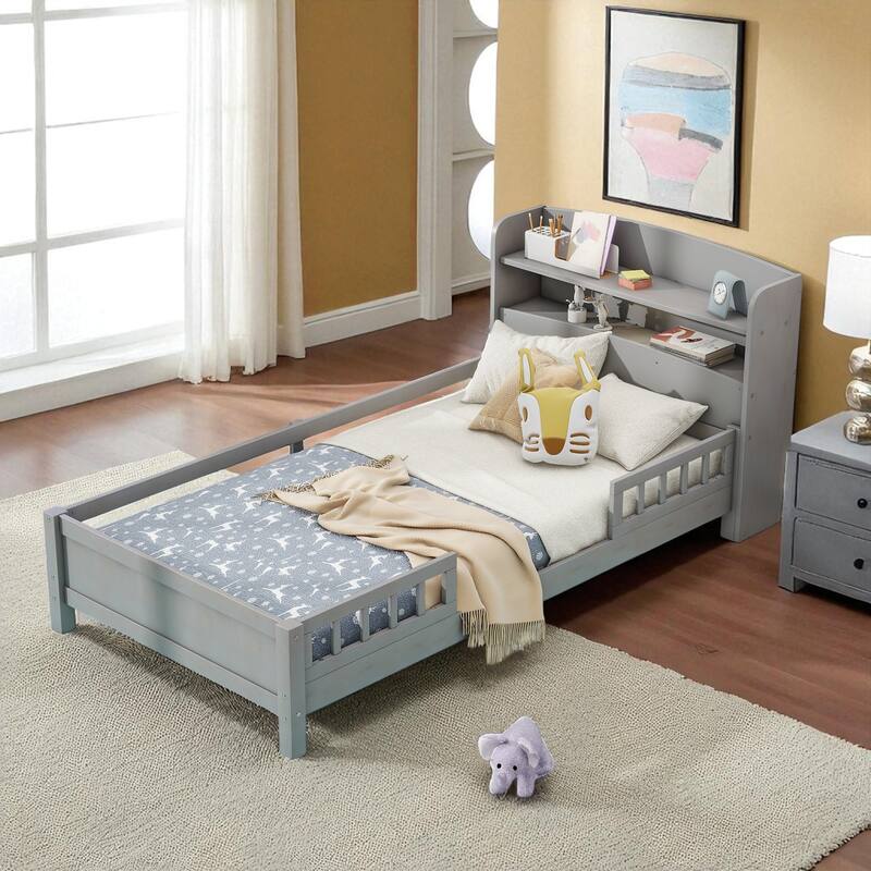 Twin/Full Size Wood Platform Bed with LED Light, Storage Headboard and Guardrail, No Box Spring Needed