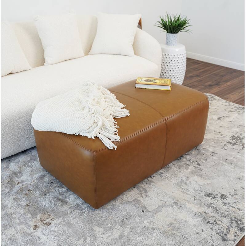 Ingway Mid-Century Modern Ottoman in Tan Leather